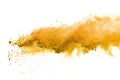 Abstract of yellow powder explosion on white background. Yellow powder splatted isolate. Colored cloud. Colored dust explode. Pain Royalty Free Stock Photo