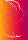 Yellow-red vertical gradient background covered with curved crimson with white ends, wavy and twisted gradient stripes