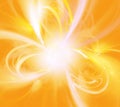 Abstract yellow shapes of loops on orange background. Star close up in space, sun flashes. Digital fractal art