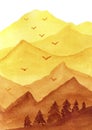 Abstract yellow and terracotta mountains with trees. Watercolor landscape hand painting illustration. Royalty Free Stock Photo