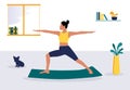 Abstract yoga concept. Woman practice yoga, young girl performing aerobics exercise standing position, healthy lifestyle cartoon