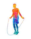 Abstract young athlete jumping rope from splash of watercolors