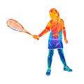 Abstract young woman does an exercise with a racket on her right hand in squash. Squash game training