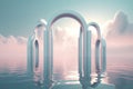 Abstract Zen Seascape Background. Nordic Surreal Scenery With Geometric Mirror Arches, Calm Water And Pastel Gradient , Ai