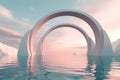 Abstract Zen Seascape Background. Nordic Surreal Scenery With Geometric Mirror Arches, Calm Water And Pastel Gradient , Ai