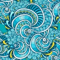 Abstract Zen tangle Zen doodle marine seamless pattern blue orange Royalty Free Stock Photo