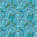 Abstract Zen tangle Zen doodle marine seamless pattern blue orange