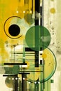 Abstracted Android: A Graffiti Poster with Floating Spheres and Layered Paper Shapes in Green and Yellow