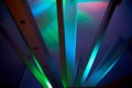 Abstraction.Beams under Polycom with coloured lights. Beautiful rich colors Royalty Free Stock Photo