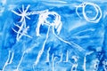 Abstraction in blue. Real drawing of a small child. Drawing by watercolor.