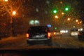 Abstraction. Blurred night urban view with cars, bright traffic lights through wet car windshield in blurred rain drops Royalty Free Stock Photo