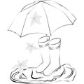 Drawing of rubber boots, umbrella, puddles