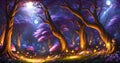 abstraction of a fantastic forest at night, trees, forest lanterns, moon, AI generate