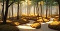 abstraction of a fantastic forest in the rays of the sun, AI generation