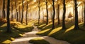 abstraction of a fantastic forest in the rays of the sun, AI generation