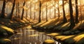 abstraction of a fantastic forest in the rays of the sun, AI generation