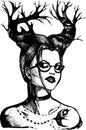 Abstraction girl with horns and glasses in vector. Hand draw