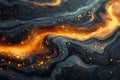 An abstraction of a golden river on black volcanic sand . 3d illustration