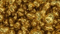 Abstraction with golden shiny hearts. Yellow background of gold glossy hearts with highlights. Lots of golden hearts. 3D