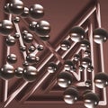 Composition of shiny balls and triangular pipes on a dark coffee-brown background.