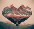 abstraction mountains in the heart double exposure illustration. Generative AI