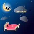 Abstraction. Night.The moon shines brightly, on which the black cat stretches.A girl sleeps on a bed under a pink blanket