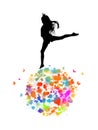 Abstraction silhouette girl gymnasts on multicolored ball. Rainbow butterflies. Vector illustration