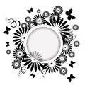 Abstraction summer. Flowers with butterflies. Monochrome round frame. Hello summer. Vector illustration Royalty Free Stock Photo