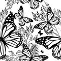 Abstraction summer. Flowers with butterflies. Seamless background. Vector illustration Royalty Free Stock Photo