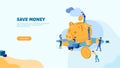 Banking service page concept. Deposit. Piggy bank. Bank team. Bank operations. Money saving. Coins.