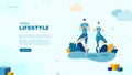 Yoga Lifestyle page concept. Man and woman doing yoga. Activity. Fitness. Template for your design works. Vector graphics. Royalty Free Stock Photo