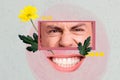 Absurd puzzle caricature picture collage of toothy aggressive boyfriend angry mind bought yellow daisy on gray