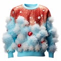 An absurdly ugly Christmas sweater designed, fluffy pom-poms, and of glitter, party outfit