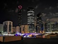 Abu Dhabi city famous landmarks, World Trade Center and the modern Qasr al Hosn heritage museum at night Royalty Free Stock Photo