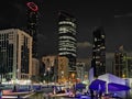 Abu Dhabi city famous landmarks, World Trade Center and the modern Qasr al Hosn heritage museum at night Royalty Free Stock Photo