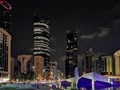 Abu Dhabi city famous landmarks, World Trade Center and the modern Qasr al Hosn heritage museum at night Royalty Free Stock Photo