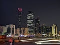 Abu Dhabi city famous landmarks, World Trade Center and the modern Qasr al Hosn heritage museum at night Royalty Free Stock Photo