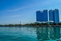 Abu Dhabi city skyline along Corniche beach taken from a boat