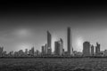 Blank and white Abu Dhabi city skyline along Corniche beach taken from a boat Royalty Free Stock Photo