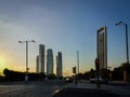 Abu Dhabi city streets, beautiful view of famous Etihad towers at sunset