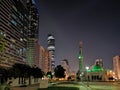 Abu Dhabi city towers Sheikh Mohammed Al Maktoum tower and mosque at night