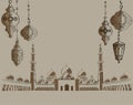 Abu Dhabi, Sheikh Zayed Mosque, vintage engraved illustration, hand drawn