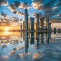 Abu Dhabi Skyline and Etihad Towers in Sunset time with Reflection United Arab Emirates