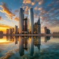 Abu Dhabi Skyline and Etihad Towers in Sunset time with Reflection United Arab Emirates