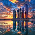 Abu Dhabi Skyline and Etihad Towers in Sunset time with Reflection United Arab Emirates