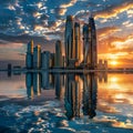 Abu Dhabi Skyline and Etihad Towers in Sunset time with Reflection United Arab Emirates