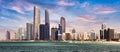 Abu Dhabi skyline with reflection in sea, United Arab Emirates - panorama Royalty Free Stock Photo