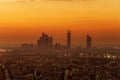 Abu Dhabi, UAE at dawn, showing the Corniche and Etihad Towers