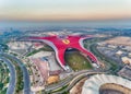 ABU DHABI, UAE - DECEMBER 6, 2016: Ferrari World Park is the largest indoor amusement park in the world. The roof has a total