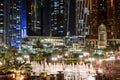 Abu Dhabi, UAE - March 30. 2019. Emirates Palace Fountain on skyscrapers background and Grand Hyatt hotel Royalty Free Stock Photo